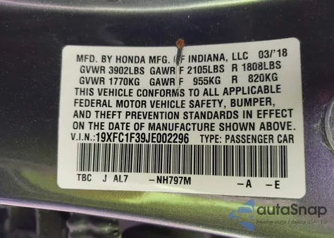 2018 Honda Civic Ex-T from USA, damaged, VIN 19XFC1F39JE002296